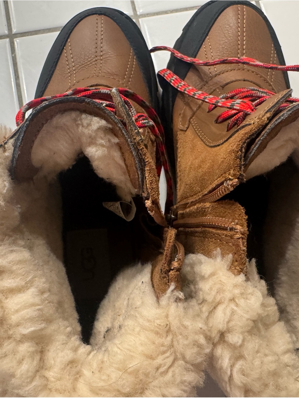UGG Brown Shearling-Lined Ankle Boots with Red Plaid Laces